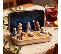 Mini presepe natalizio in una scatola di latta, statuette 3D della Sacra Famiglia e Gesù Bambino, Portabilità Trasporta la storia del Natale con le statuette della Sacra Famiglia e Gesù