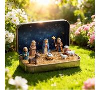 Mini presepe natalizio in una scatola di latta, statuette fatte a mano con scena tascabile con Gesù, piccole figure in resina, decorazione per interni per casa, scrivania, mensola, ufficio (2 pezzi)