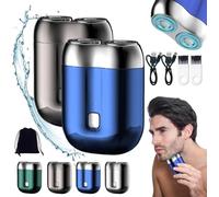 Mini rasoio elettrico a doppia testa, portatile, tascabile, con taglierina magnetica a doppio anello, lavabile, unisex (grigio+blu)
