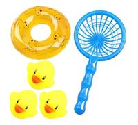 Mini Rubber Duck Bath Toy Set - Squeaky Floating Yellow Ducks with Fishing | Interactive 25g water toy set featuring 3 squeaky floating rubber ducks, a fishing net, and a random-colored swim ring