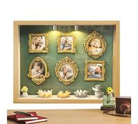 Mini scatola a forma di museo fai da te, mini cornice con luce, espositore con 6 mini cornici dorate e 4 gatti casuali, 2 piante, festeggia i tuoi ricordi unici con stile