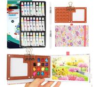 Mini set acquerello da viaggio, set di acquerelli tascabili con tavolozza di legno da 15 gres, 24 colori acquerello, 2 pennelli, clip in metallo e album da schizzi per artisti, studenti, principianti