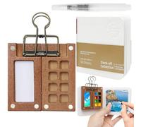 Mini Set di Acquerelli, Tavolozza Mini per Acquerelli, Set con Tavolozza in Legno da 8 Pozzi, Taccuino Acquarello, Penna e Clip. Perfetto per Studenti e Artisti