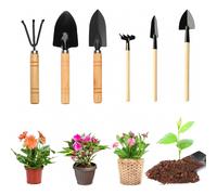 Mini set di attrezzi da giardino, composto da 6 pezzi: mini cazzuola, pala, vanga e rastrello con manici in legno, ideale per bonsai e picco