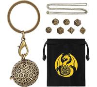Mini Set di Dadi DND con Portachiavi Portatile, Collana, Gabbia Metallica Rotonda D100, 7 pezzi in Metallo Poliedrico Dadi D&D, Regali di DND Sacchetto Regalo, Accessori per Giochi di Ruolo, Bronze