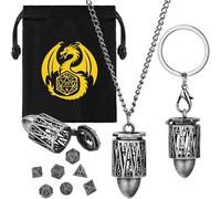 Mini Set di Dadi DND, Portachiavi Portatile, Collana, Gabbia Metallica per Proiettili D20 Cava, 7 pezzi in Metallo Poliedrico Dadi D&D, Regali di DND Sacchetto Regalo, Accessori Giochi, Argento Scuro