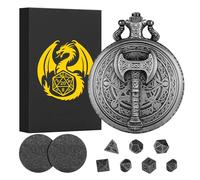 Mini Set di Dadi DND, Steampunk Ascia Custodia per Orologio da Tasca, 7 Pezzi in Metallo Poliedrico Set di Dadi D&D, Regali di D&D con Scatola Regalo, Accessori per Giochi di Ruolo, Argento Scuro