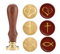 Mini set di timbri per ceralacca cristiani, 3 teste in ottone con croce, cuore, simboli di Dio benedica e Ichthys, manico in legno, perfetto per diari di preghiera, lettere, note di studio biblico