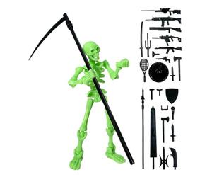 Mini Skeleton Action Figure | ABS Buildable 13cm Posable Jointed Anatomy Model With Assorted Weapons | Movable Bone Character Toy Educational Study Aid | Desktop Decoration Halloween Party Display