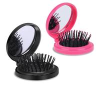 Mini spazzola per capelli da viaggio da donna, 2 pezzi, pieghevole, rotonda, con specchio, piccola spazzola per capelli tascabile, strumento portatile per lo styling dei capelli (nero/rosa)