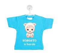 Mini T-Shirt Accessori Auto Bimbo a Bordo per Auto Disegno Bimba a Bordo Nome Personalizzato Maglietta con Gruccia e Ventosa per Vetro Bebe a Bordo Gadget Divertente utile per Genitori (Turchese)