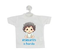 Mini T-Shirt accessori Auto Bimbo a bordo per auto disegno Bimba a Bordo Nome personalizzato maglietta con Gruccia e Ventosa per vetro bebe a bordo gadget divertente utile per genitori (Bianco)