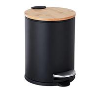 Mini Trash Can with Bamboo Lid Soft Close and Foot Pedal, 0.8Gal / 3L Tiny Round Trash Can with Removable Plastic Inner Wastebasket for Bathroom, Bedroom, Powder Room, Office, Desk, Car, Black