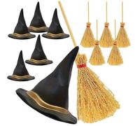 Mini Witch Hat, Small Black Costume Hats, 1 Set Miniature Decoration Broom Accessory, Party Wedding Toddler for Baby Girls Kids Doll House Adult Event and Festive Cosplay Decor