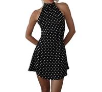 Miniabito con Scollo all'Americana e Spalle Scoperte con Stampa a Pois Abiti Corti con Schiena Scoperta in Raso da Donna