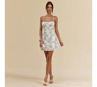 Miniabito corto da donna in maglia testurizzata, aderente, con scollo profondo, senza schienale, con spalline annodate, in maglia testurizzata, orlo svasato, colore blu a tinta unita, primavera/estate