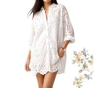 Miniabito da Donna Casual in Pizzo Sangallo, Modello a Camicia con Bottoni, vestibilità Ampia, Maniche Lunghe e Ricami - Copricostume e Chemisier