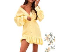 Miniabito da Donna con Scollo a V Profondo, Maniche a Lanterna e Balze, abbottonatura Frontale e Orlo Asimmetrico - Ideale per Appuntamenti e Outfit quotidiani (Yellow,L)