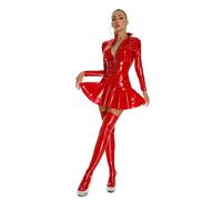 Miniabito da donna in lattice a maniche lunghe, colletto alla coreana, cerniera frontale, body aderente, effetto bagnato, clubwear, tuta con calzini(Red,XXL)