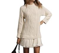 Miniabito da Donna in Maglia a trecce con Scollo Rotondo, Miniabito Plissettato a Maniche Lunghe con Scollo Rotondo, Abiti in Maglia a trecce (Wine,L)