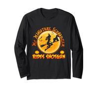 Miniature Schnauzer Dog Rides Shotgun Witch Funny Halloween Maglia a Manica