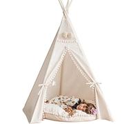 MINICAMP Tenda Tipi Originale per Bambini, Realizzata a Mano in Tela Naturale e Legno, Gioco da Soggiorno per Ragazze e Ragazzi, Stabile con Pompon