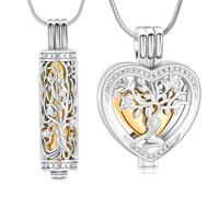 Minicremation Collana cilindrica per ceneri con albero della vita, per donne e uomini, con ciondolo a forma di cuore in cristallo, per ceneri, funerale, commemorativo, 2 pezzi