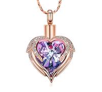 Minicremation Collana con ciondolo a forma di cuore con ali d'angelo, in acciaio inox, per ceneri, da donna, 1,27 cm, Acciaio inossidabile, Zircone Ambra Diamante