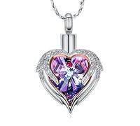 Minicremation Collana con urna a forma di cuore con ali d'angelo, in acciaio inox, per ceneri, da donna, con ciondolo commemorativo per ceneri umane
