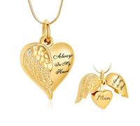Minicremation Collana con urna a forma di cuore, in acciaio inox, con ali d'angelo, per ceneri, con monogramma "Always in My Heart", Acciaio inossidabile, Nessuna pietra preziosa