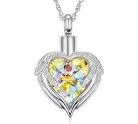 Minicremation - Collana in acciaio inossidabile con urna a forma di cuore con ali di angelo per ceneri, pendente per ceneri umane, memoriale per donna, Acciaio inossidabile Zirconia cubica Pietra