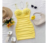 Minidress con cerniera in rete gialla, indossabile dentro o fuori, abito rosso da vacanza/vacanza, adatto per appuntamenti, tè pomeridiano, vacanza, festival musicali, stile boho L,M,S,XSTessuto in ma