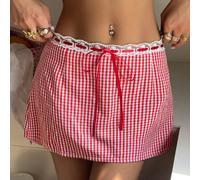 Minigonna casual estiva da vacanza, stile college americano sexy e audace, con design in pizzo e patchwork sulla vita, a vita bassa e linea ad A, a quadri, per donne alla moda L,M,S,XSquadriTessuto in