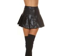 Minigonna da donna a vita alta, in similpelle, con pieghe cantina, linea A, in pelle PU nera, Nero , S