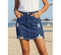 Minigonna da donna in denim a vita media, strappata e sfilacciata, casual, in denim invecchiato