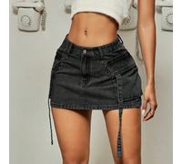 Minigonna di jeans cargo con tasche a patta e dettaglio nastro, stile street di Y2K, perfetta per l'estate L,M,S,XL,XS,XXSColore unico,A strisceDenim