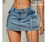 Minigonna di jeans estiva Y2K con tasche a patta, dettagli a nastro, stile cargo L,M,S,XL,XS,XXSColore unico,A strisceDenim
