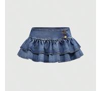 Minigonna di jeans vintage blu stile Y2K Millennium, vita ultra bassa, estremamente sexy, con doppio strato e volant sul bordo L,M,S,XL,XSBlocchi di colore,Colore unicoDenim