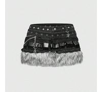 Minigonna di jeans vintage Y2K in stile patchwork, con pendente in metallo a forma di ragno e teschio in pelliccia sintetica L,M,S,XLDenim