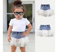 Minigonna in denim blu con patchwork e strati in rete, stile Y2K carino per bambina, adatta per tutte le stagioni, giocosa e per il ritorno a scuola, autunno 6-9M,9-12M,12-18M,18-24M,2-3YA strisceDeni