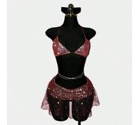 Minigonna ultra corta sexy da donna, in rete con decorazioni in strass, scintillante, perfetta per outfit da festa e raduni L,M,Sstampa dappertuttoTessuto