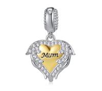 MiniJewelry Ciondolo a forma di cuore con ali d'angelo, in oro, argento e oro rosa, con zirconia cubica trasparente, compatibile con braccialetti Pandora, regalo per donne