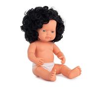 Miniland Bambola bambino caucasico ricci capelli neri ragazza 38cm in polisacco
