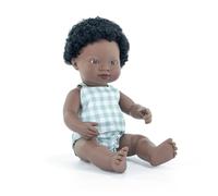 Miniland Bambola africana maschio di 38cm. Realizzata in Spagna con aroma di vaniglia. Anatomicamente corretta. Collezione My Friends & Me