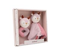 Miniland - Confezione regalo per bambini: Sonaglio + Doudou, stimolazione sensoriale dalla nascita, confezione regalo ideale per bambini (cervo)