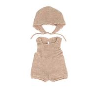 Miniland Dolls: Set di vestiti da maglia, realizzato con materiali riciclati, per bambola bebè da 38 cm. Modello: Pelele e Cappello in beige.