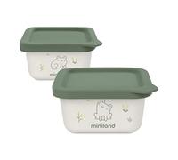 Miniland Naturset 2 Frog - Set di 2 contenitori ermetici di materiali 100% naturali per alimenti solidi, con coperchio in silicone.