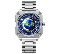 MINILUJIA Orologio da polso da uomo, impermeabile, con mappamondo, luna, sole, movimento rotante, accattivante, unico, quadrato, con scatola regalo, Cinturino in acciaio inox argento, Unico