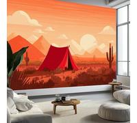 Minimalismo Tenda Nel Deserto Montagne E Cactus Carta Da Parati 3D Fotomurale Murali 300 x 210 cm, Moderna Fotomurali Murales Colore Arancione Poster Muro - Soggiorno Divano Tv Hotel A Tema Corridoio