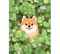 Minimalist Art Notebook Journal: Shiba Inu Dog Among Green Clovers and Flowers